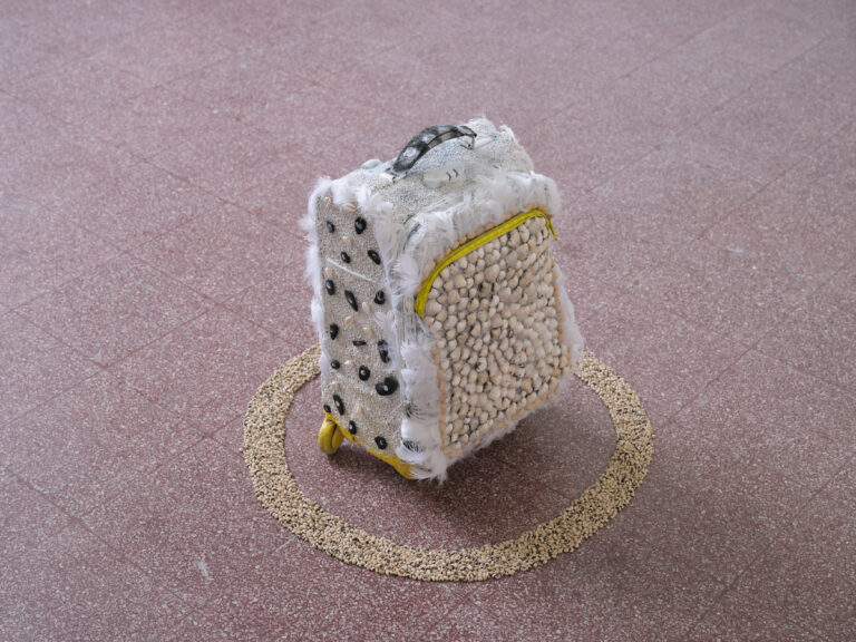 Foto: Nahaufnahme von einem Kunstwerk. Ein Rollkoffer mit Federn, Samen und Muscheln beklebt steht auf einem Fliesenboden in einem Kreis aus angeordneten Samen