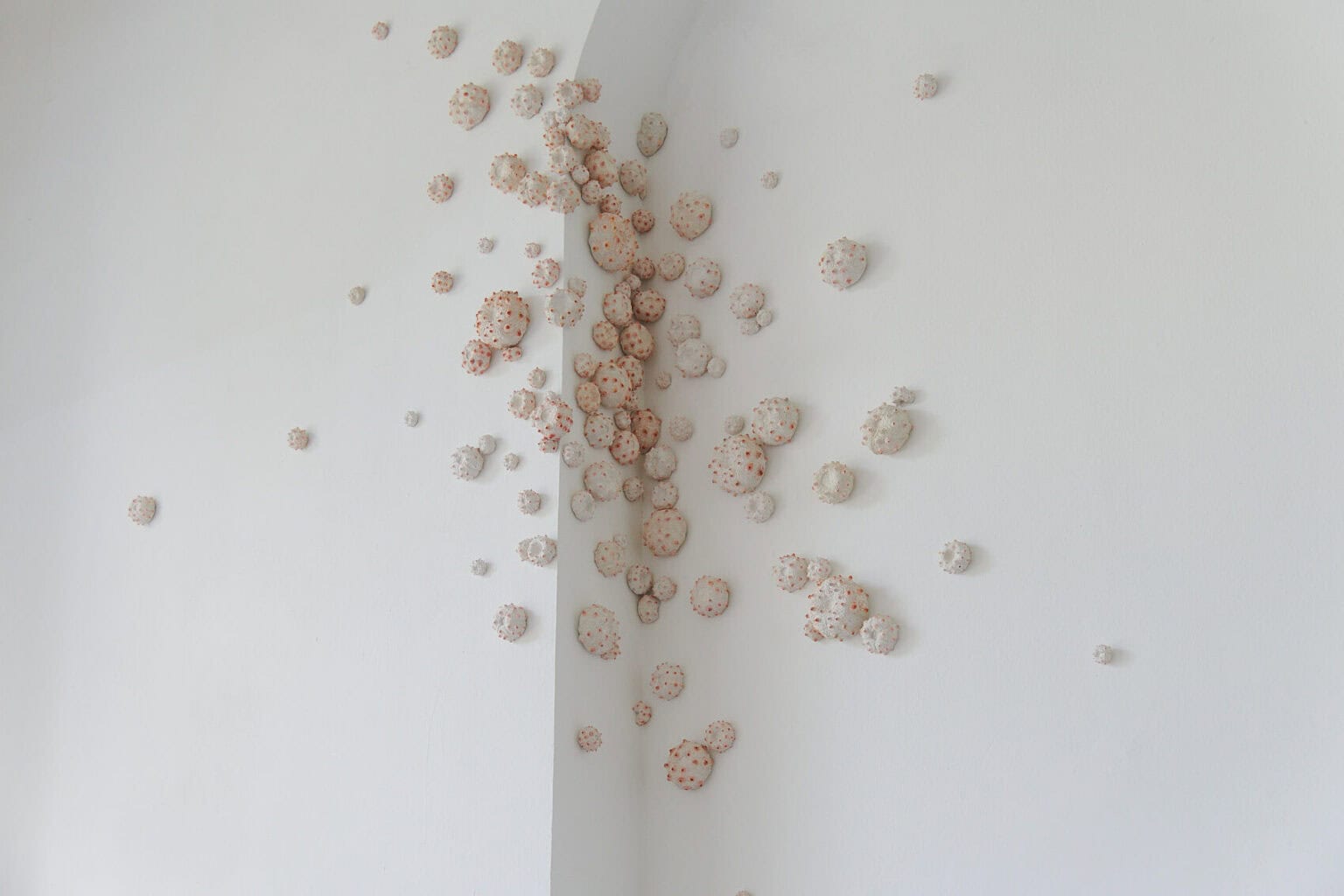 Foto: Ein Raum mit weißen Wänden und einer bogenförmigen Vertiefung in der Wand. Über die gesamte Höhe des Raumes verteilt befindet sich eine unregelmäßig angeordnete Gruppe von runden Objekten.