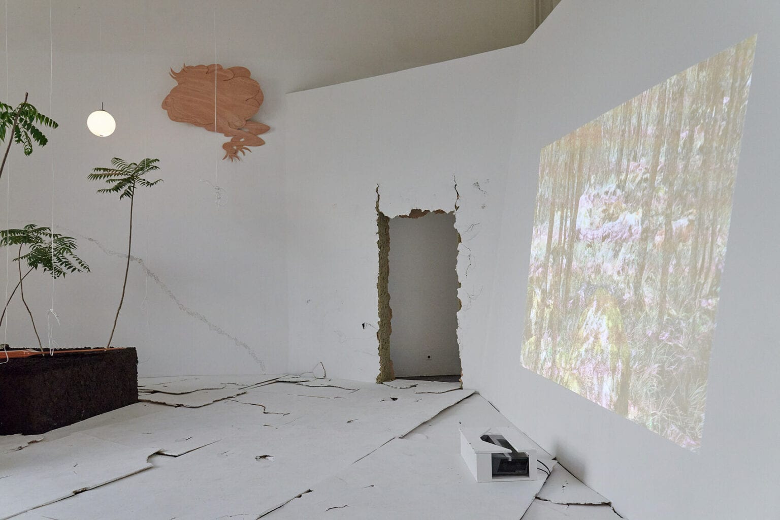 Foto: Ein Raum mit weißen Wänden und rahmenlosem Durchbruch in der Größe einer Tür. Die Wand um die Türöffnung ist rissig. Im Raum befindet sich eine Konstruktion auf verschiedenen Materialien, darunter Schüre, Lampen und Pflanzen. Oben an der Wand hängt ein Objekt und an anderer Stelle wird ein Bild an eine Wand projiziert. Der Boden des Raumes ist mit verschieden großen, hellen Platten bedeckt, die zum Teil übereinander liegen und eine unebene, rissige Oberfläche erzeugen.