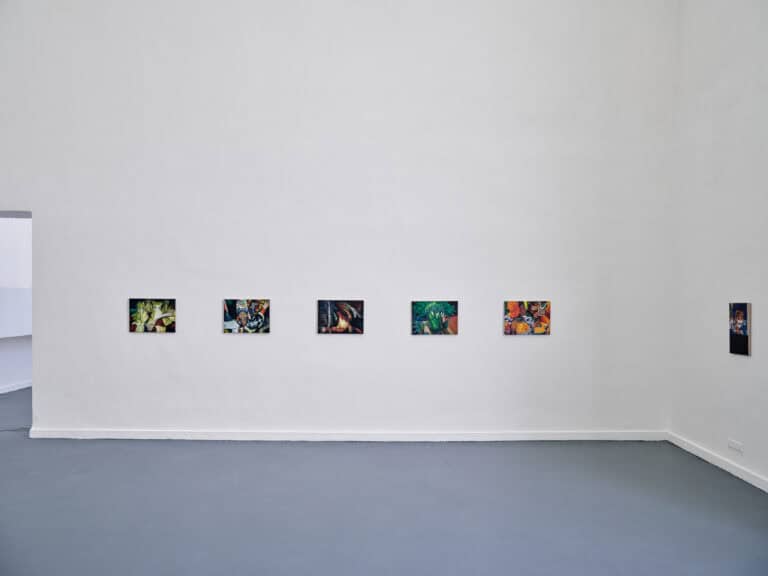 Foto: Aufnahme eines Ausstellungsraums mit weißen Wänden, grauem Boden und einem Durchgang. An der Rückwand hängen fünf gleichgroße kleinformatige Bilder. An der rechten Wand hängt ein weiteres Bild in einem anderen Format.