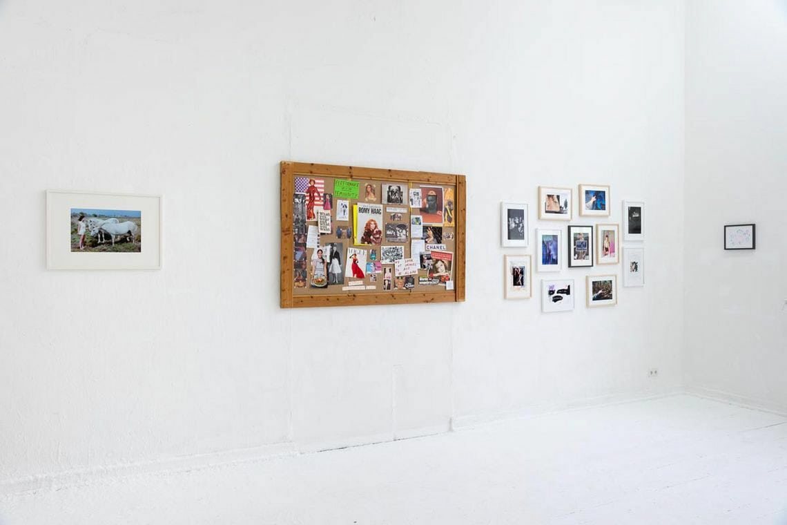 Foto: Ein Raum mit weißen Wänden und weißem Boden. An der Wand mehrere gerahmte Objekte, zum Teil in Gruppen arrangiert, in unterschiedlichen Formaten.