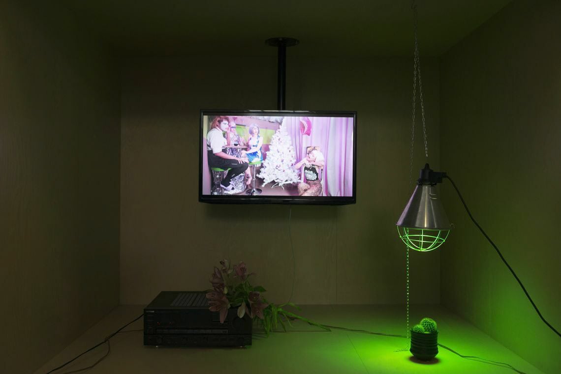 Foto: Ein Raum mit niedriger Decke. Im Raum befindet sich Technik, ein ein der Decke fixierter eingeschalteter Bildschirm, eine Blume und ein Kaktus, der von einem von der Decke hängendem grünen Licht angeleuchtet wird.