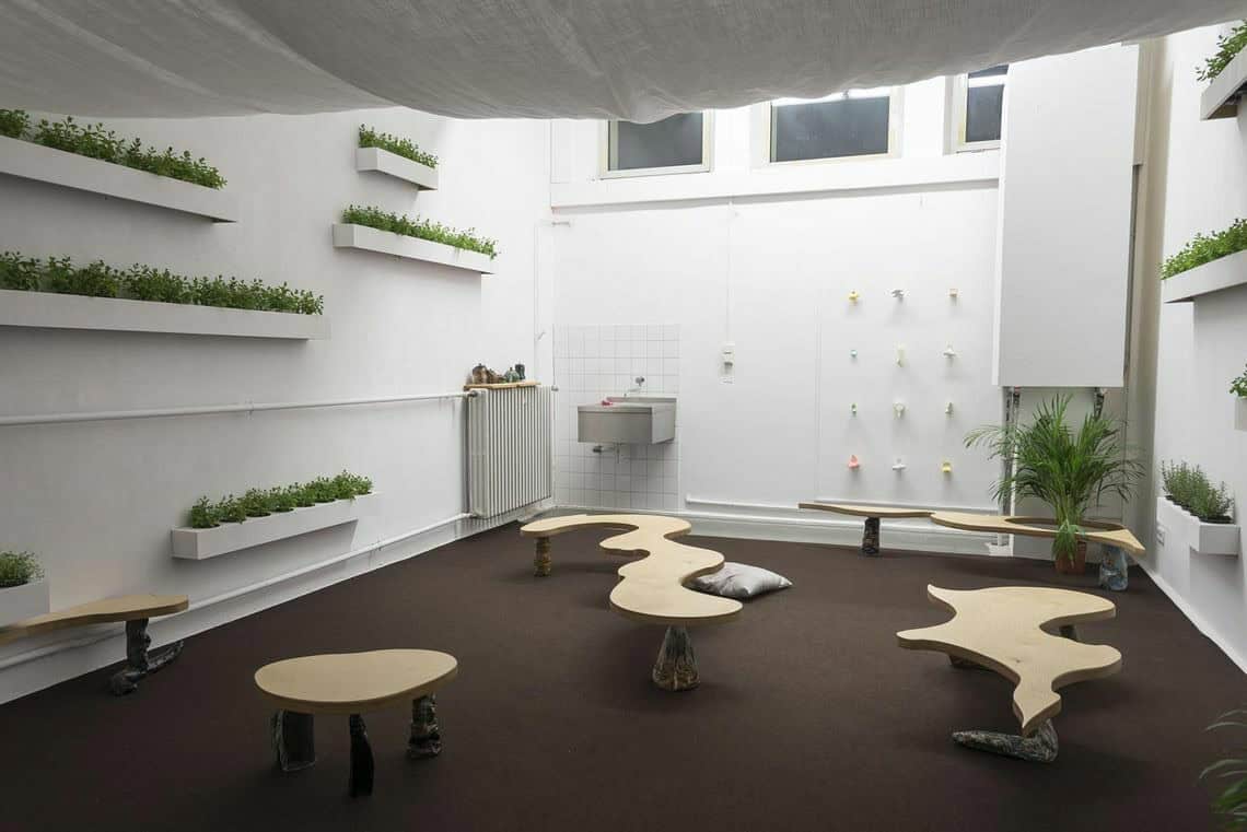 Foto: Ein Raum mit weißen Wänden und grauem Boden. Drei Fenster befinden sich auf der oberen Wandhälfte. An den Wänden befinden sich weiße, längliche Kästen, in denen sich kleine Pflanzen befinden. Im Raum stehen mehrere tisch- bzw. sesselartige Objekte. Eines von ihnen ist mit einem kreisrunden Loch versehen, durch das eine Pflanze ragt, die auf dem Boden steht.