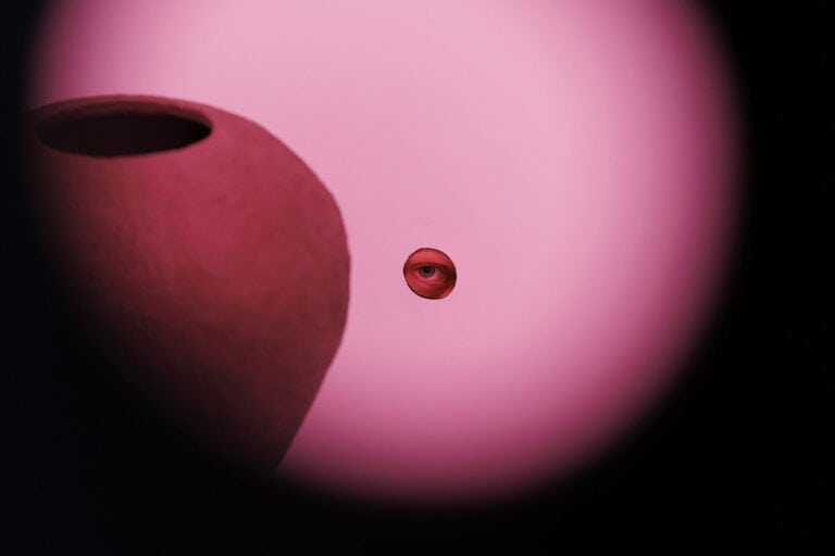 Foto: runde rosafarbene Formen mit Auge in der Mitte